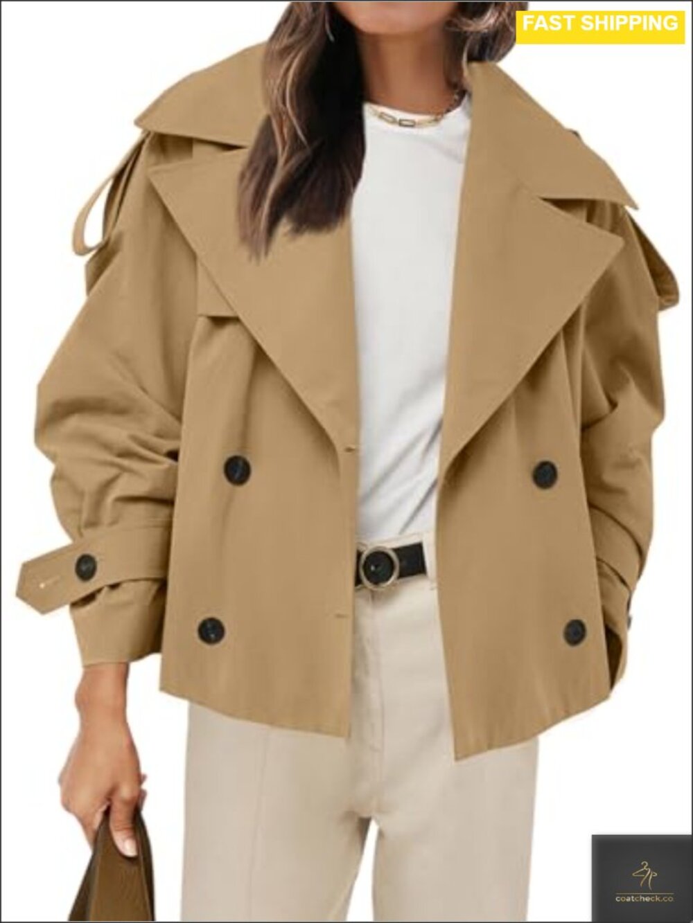 Womens Cropped Trench Coat Double Breasted Button Down Belted Loose Fit